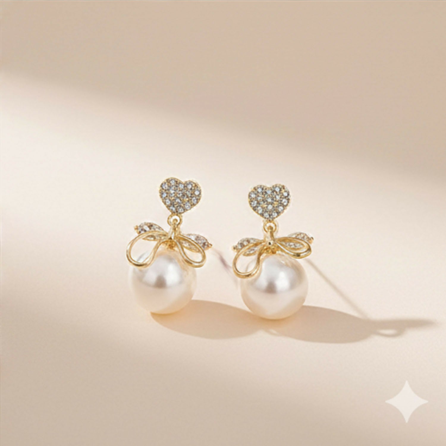Heart Crystal Pearl Bow Earrings – 14K Gold Plated Elegance