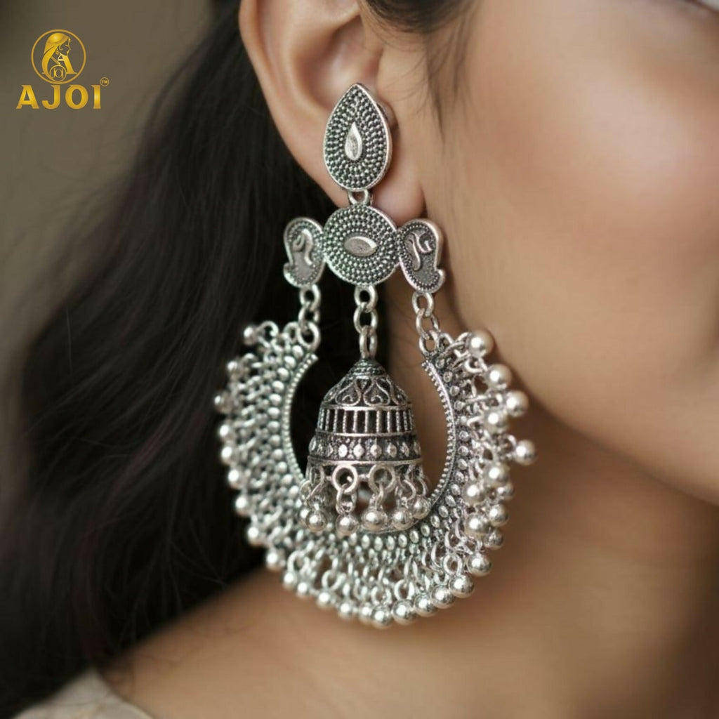 Oxidized Silver Chandbali Jhumka Earrings – Bold Ethnic Statement