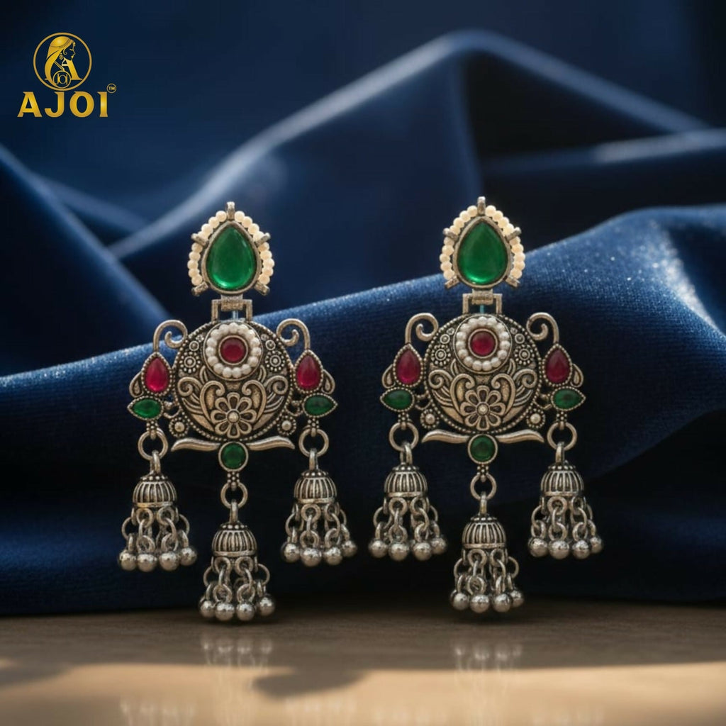 Oxidised Chandbali Jhumka Earrings – Elegant Green & Red Stones