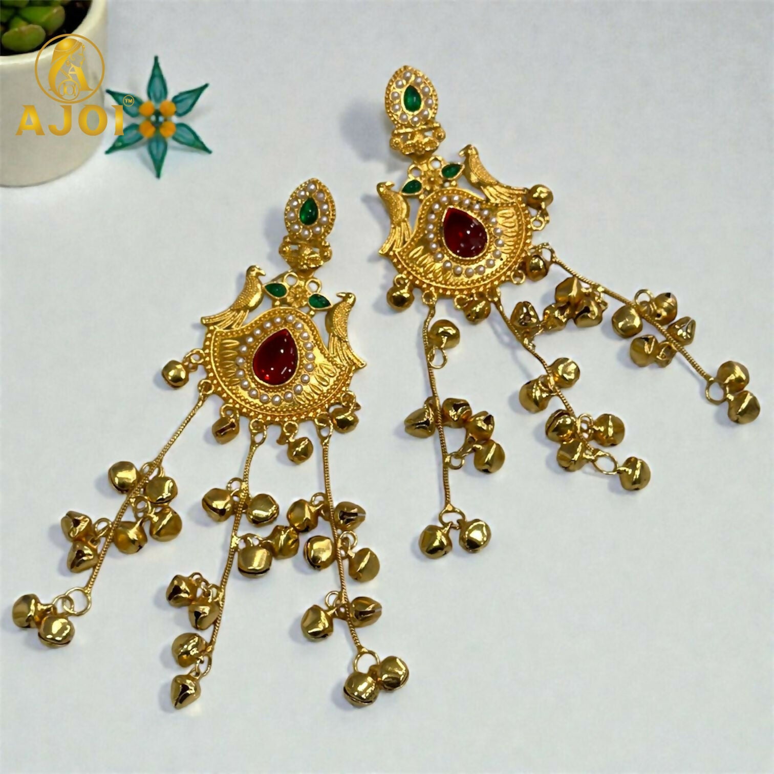 Kashmiri Heritage Gold Dangler Earrings with Red Teardrop Stone