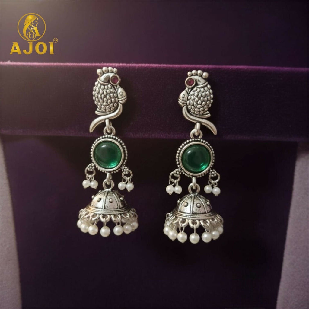 Peacock Jhumka Earrings – Antique Silver with Emerald & Pearls