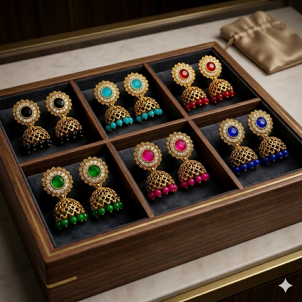 Multicolor Stone Jhumka Earrings – Elegant & Traditional Design