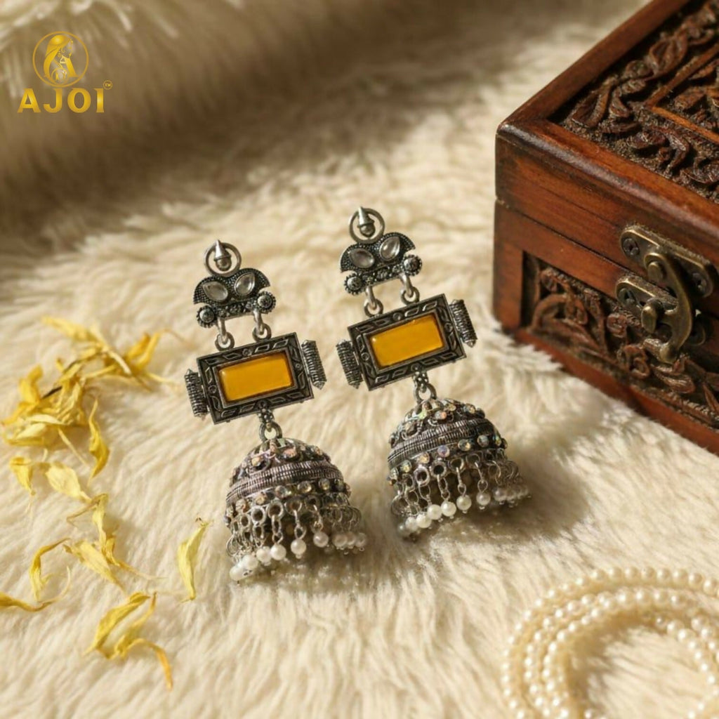 Oxidized Silver Jhumka Earrings – Traditional Yellow Stone & Pearls