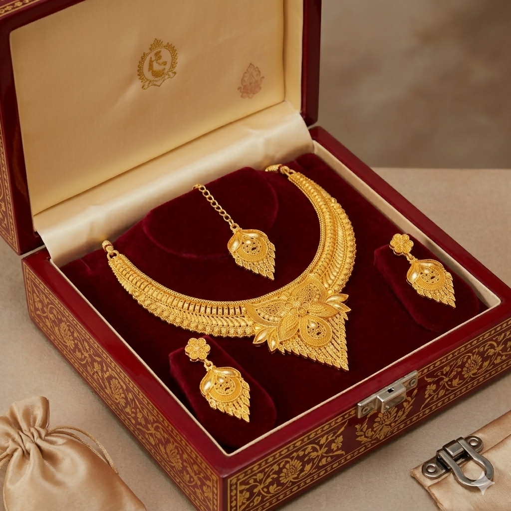 Royal Gold-Tone Statement Necklace Set with Drop Earrings and Maang Tikka for Women