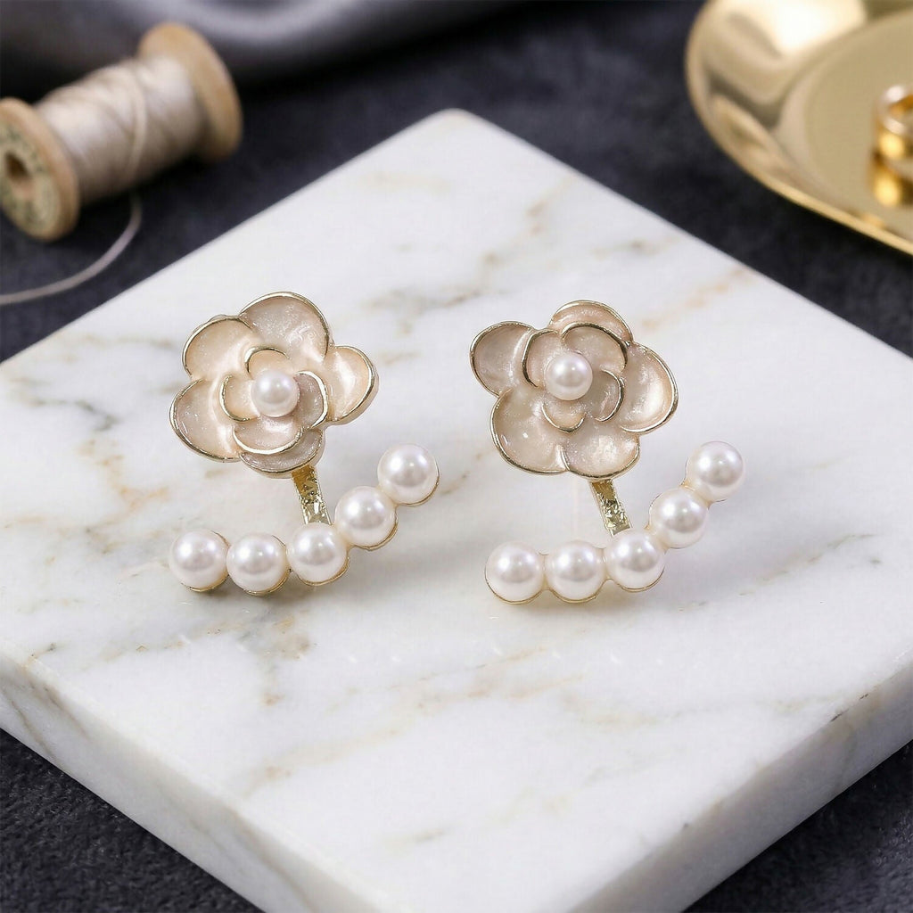 White Camellia Rose Pearl Ear Jackets – Elegant Korean Earrings