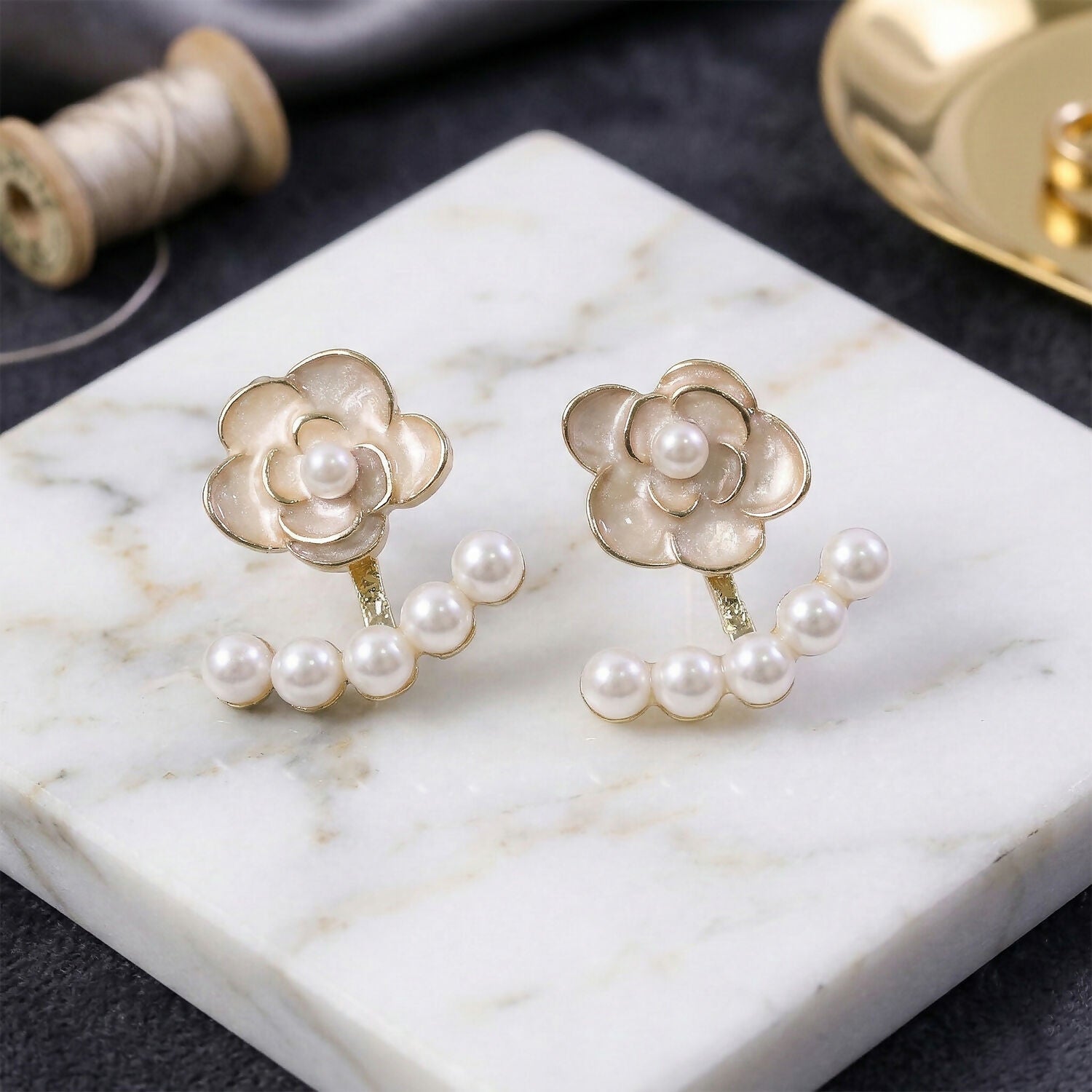 White Camellia Rose Pearl Ear Jackets – Elegant Korean Earrings