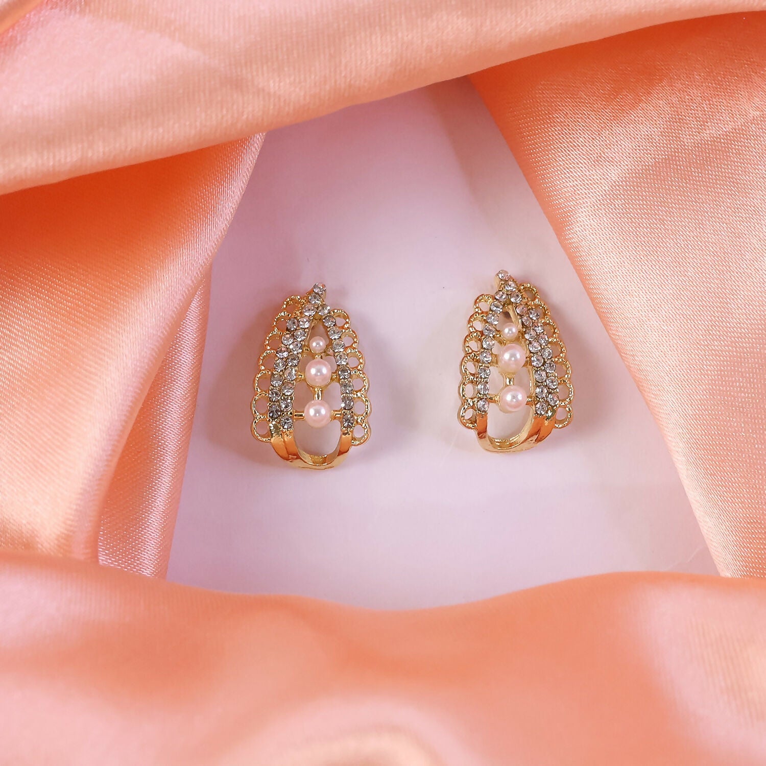 Pearl Stud Earrings – Korean Crystal Arch & Triple Pearl Design