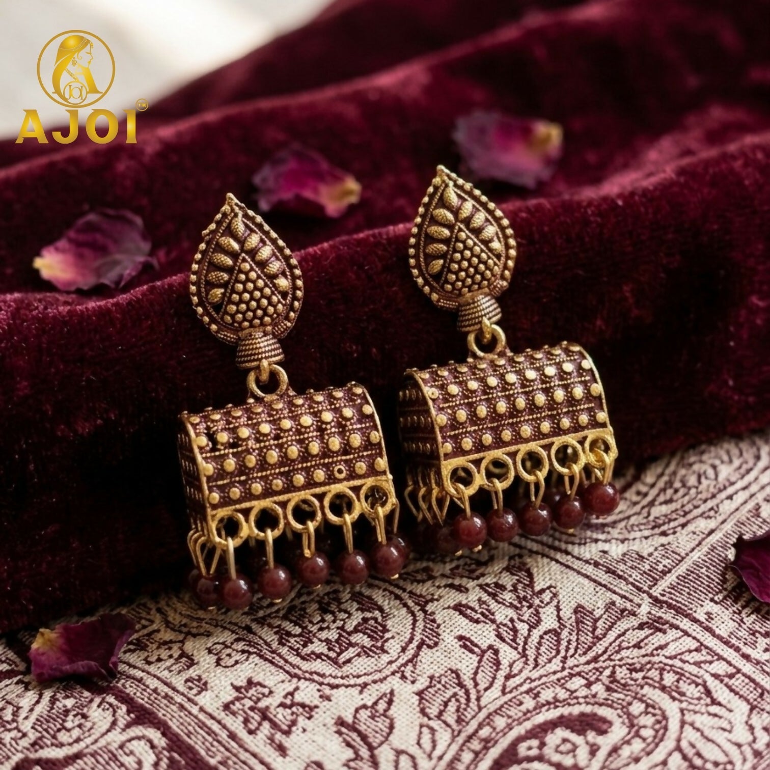 Gold-Plated Leaf Jhumka Earrings – Traditional Elegance & Style