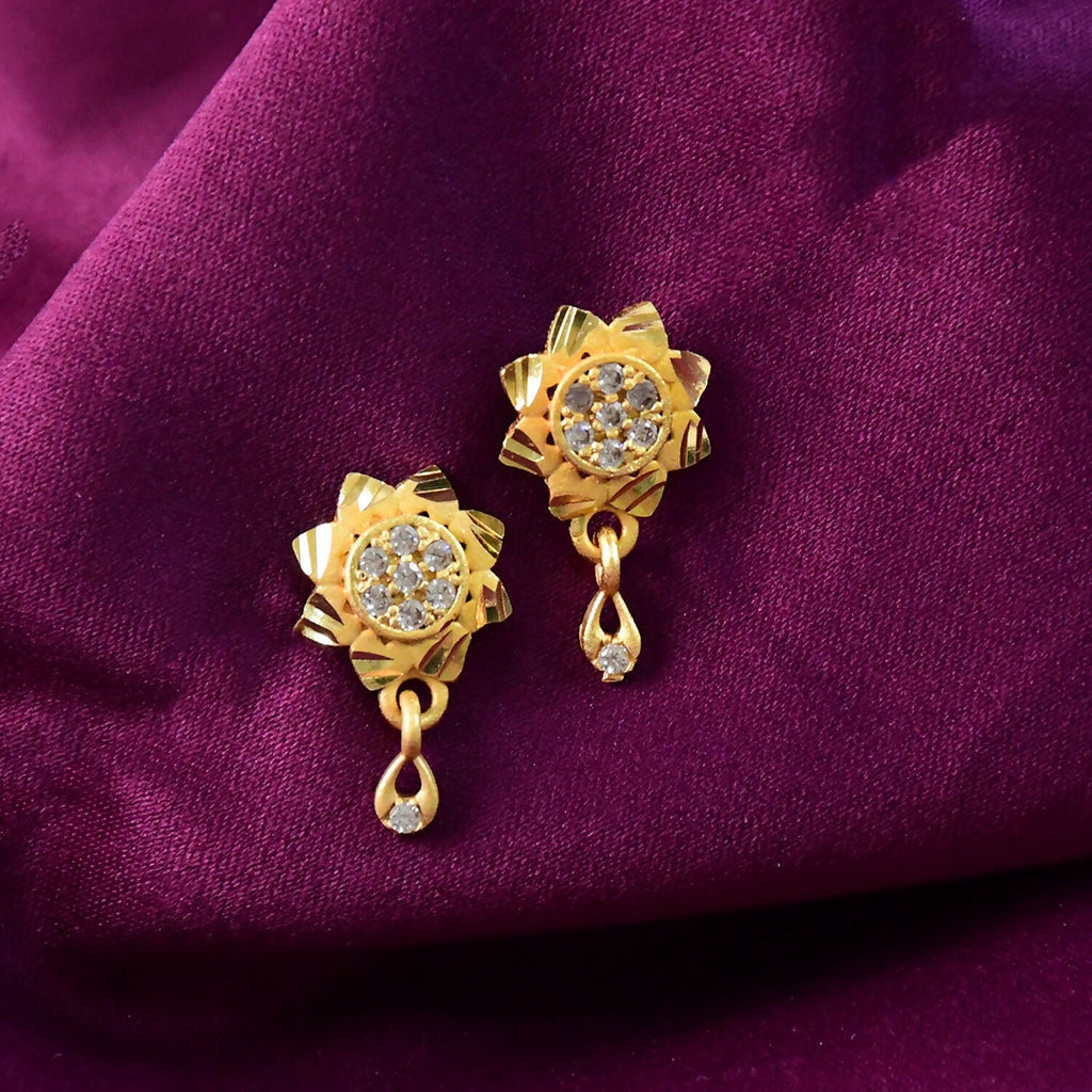 Gold Finish Drop Earrings – Floral Design with Sparkling Stones