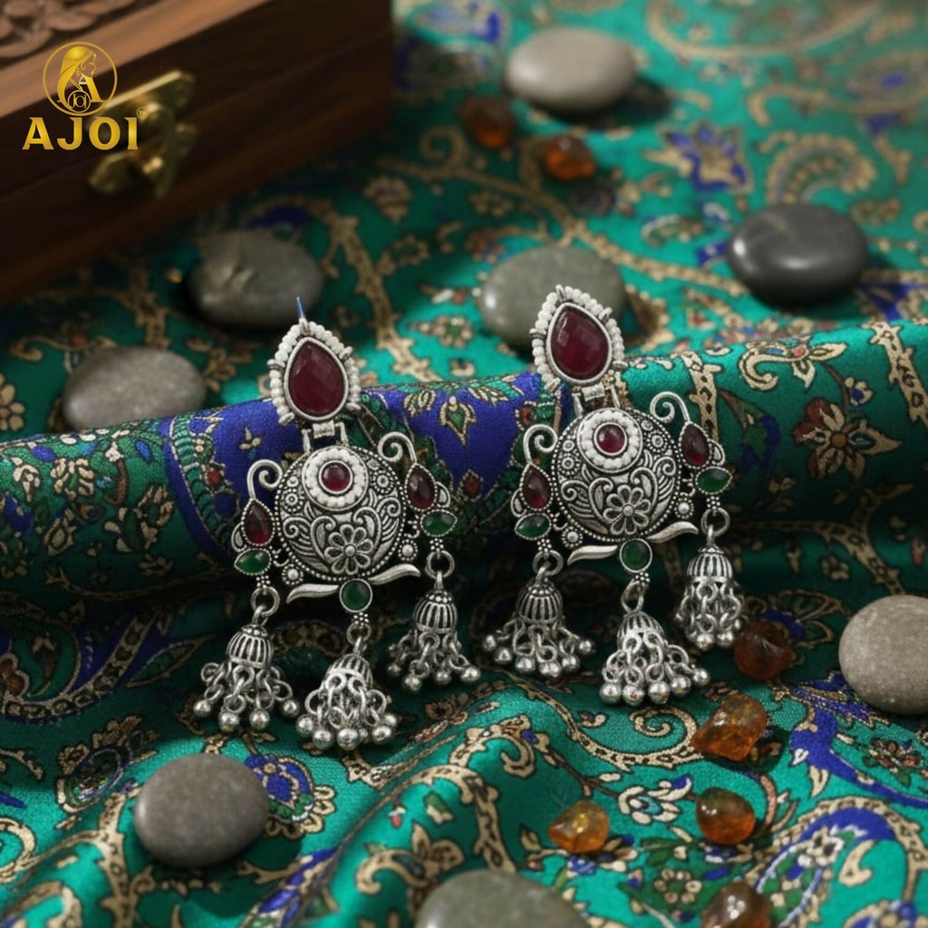 Ruby Chandbali Earrings – Ethnic Designer Jhumka with Pearls