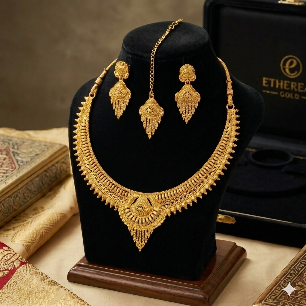 Elegant Gold-Tone Necklace Set with Leaf Pendant, Earrings and Maang Tikka for Women