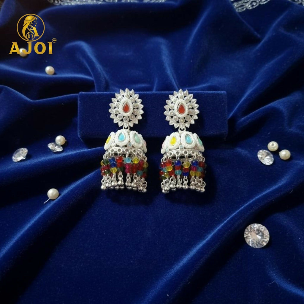 Silver Kundan Jhumka Earrings – Multicolor Tassels & Pearl Accents
