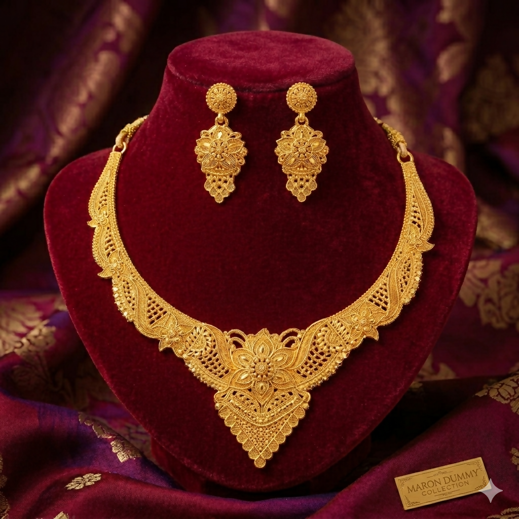 Gold-Tone Floral Necklace with Matching Earrings for Wedding & Festive Wear