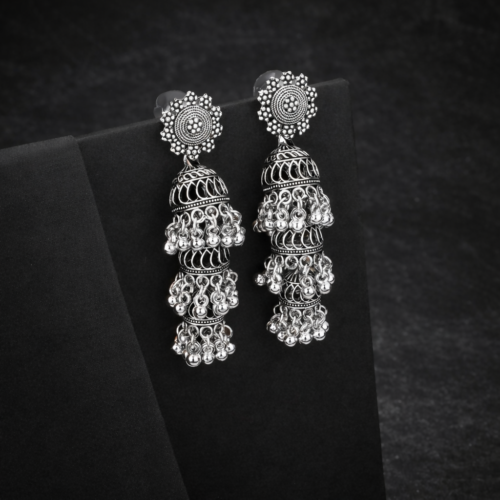 Oxidised Silver Long Layered Jhumka Earrings – Classic Ethnic Elegance