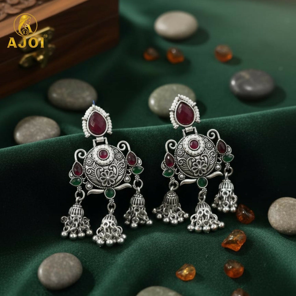 Ruby Chandbali Earrings – Ethnic Designer Jhumka with Pearls