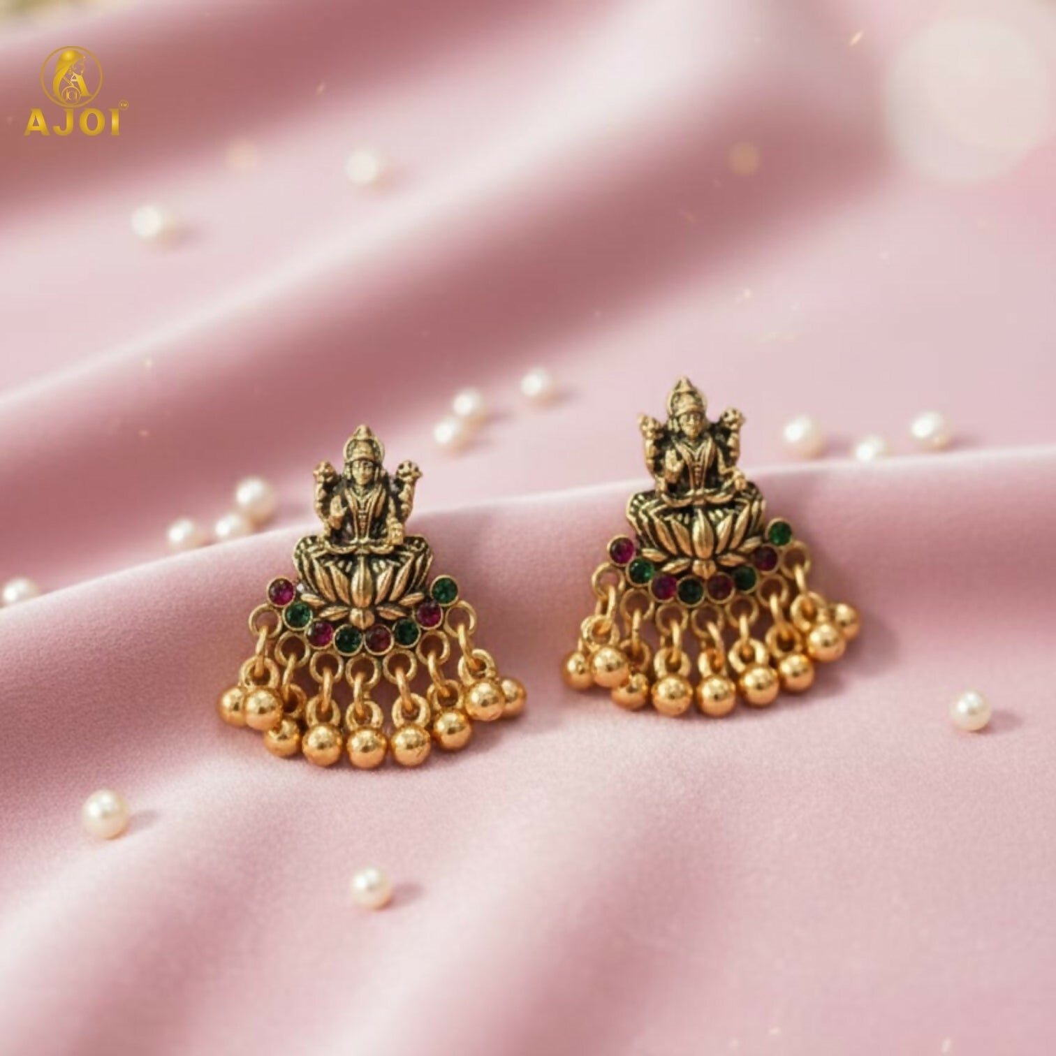 Lakshmi Idol Mini Jhumka Earrings – Antique Gold with Multicolor Stones