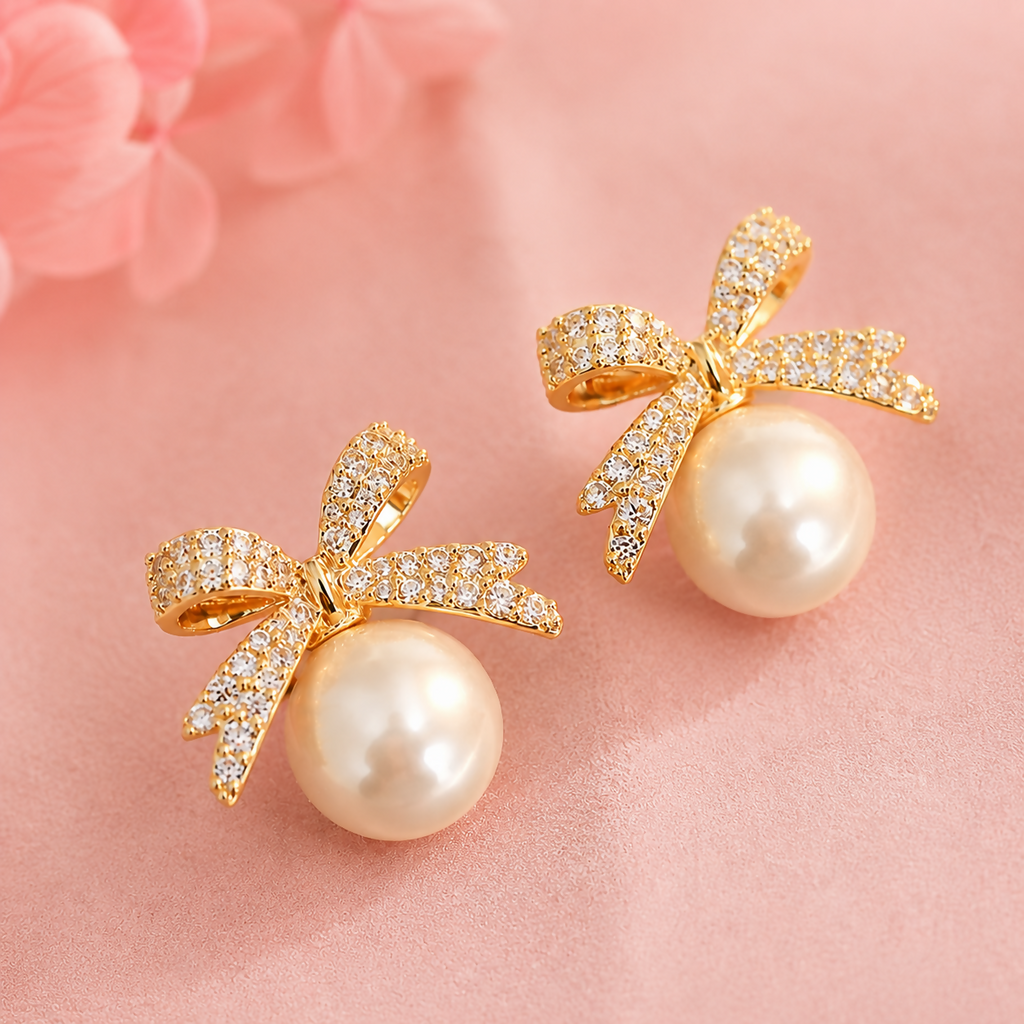 Pearl Bow Stud Earrings – Gold Plated & Elegant for Women