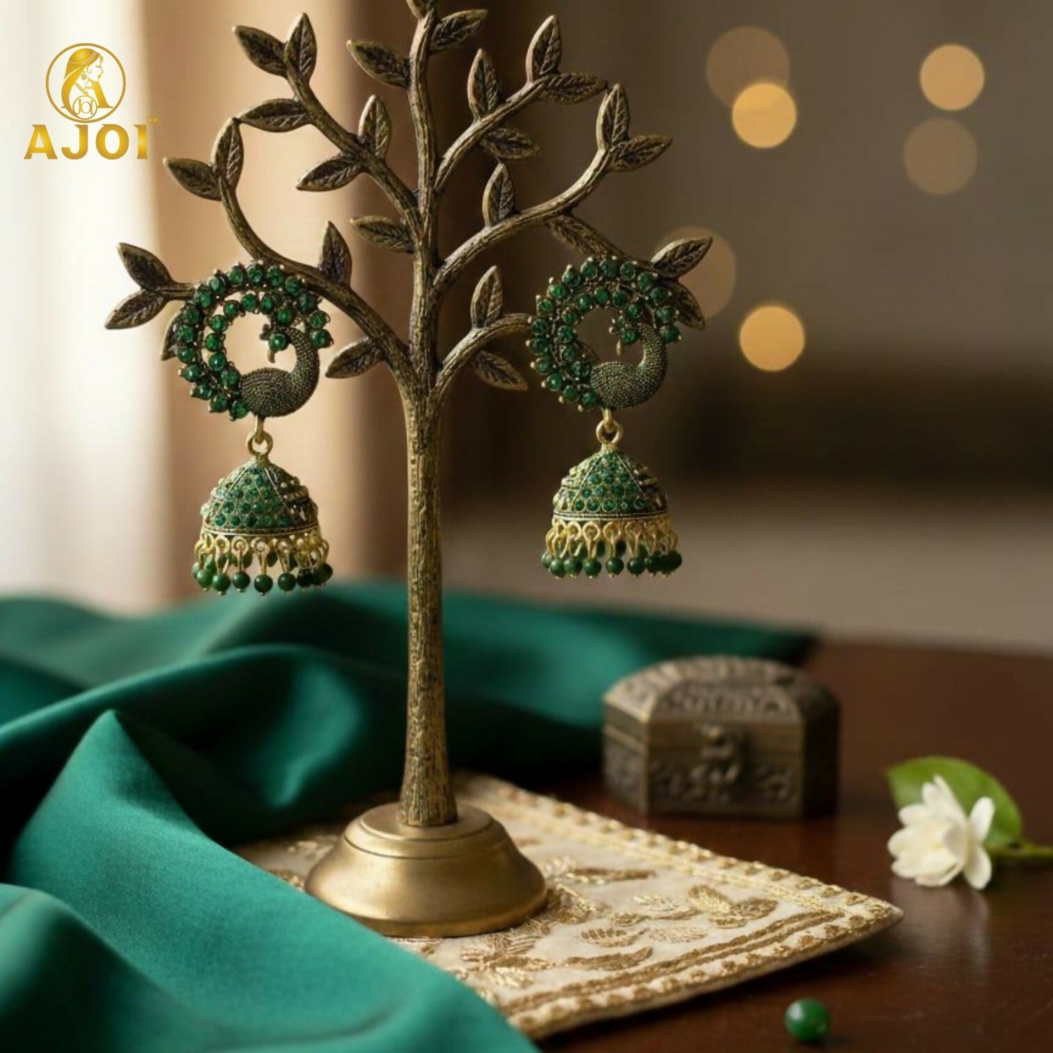 Peacock Jhumka Earrings – Emerald Green Stones & Antique Gold