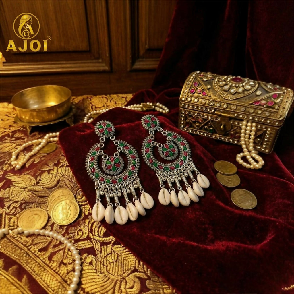 Antique Silver Chandbali Earrings – Floral Meenakari & Cowrie Shells