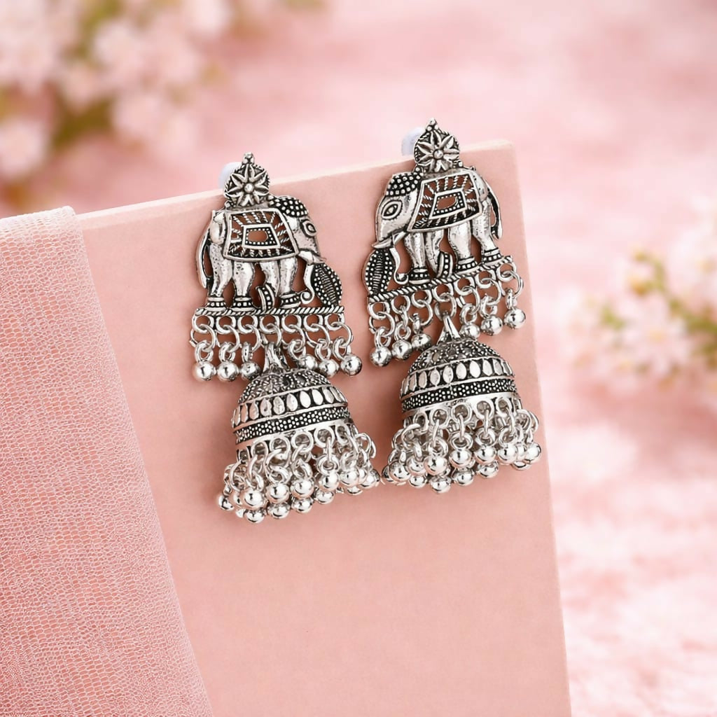 Elephant Jhumka Earrings – Traditional Silver Finish for Ethnic Wear