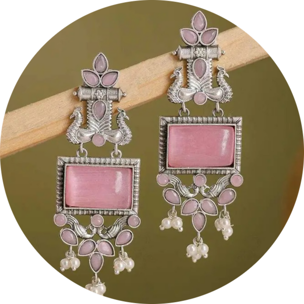 Oxidized Silver Drop Earrings – Pink Stone & Pearl Traditional Charm