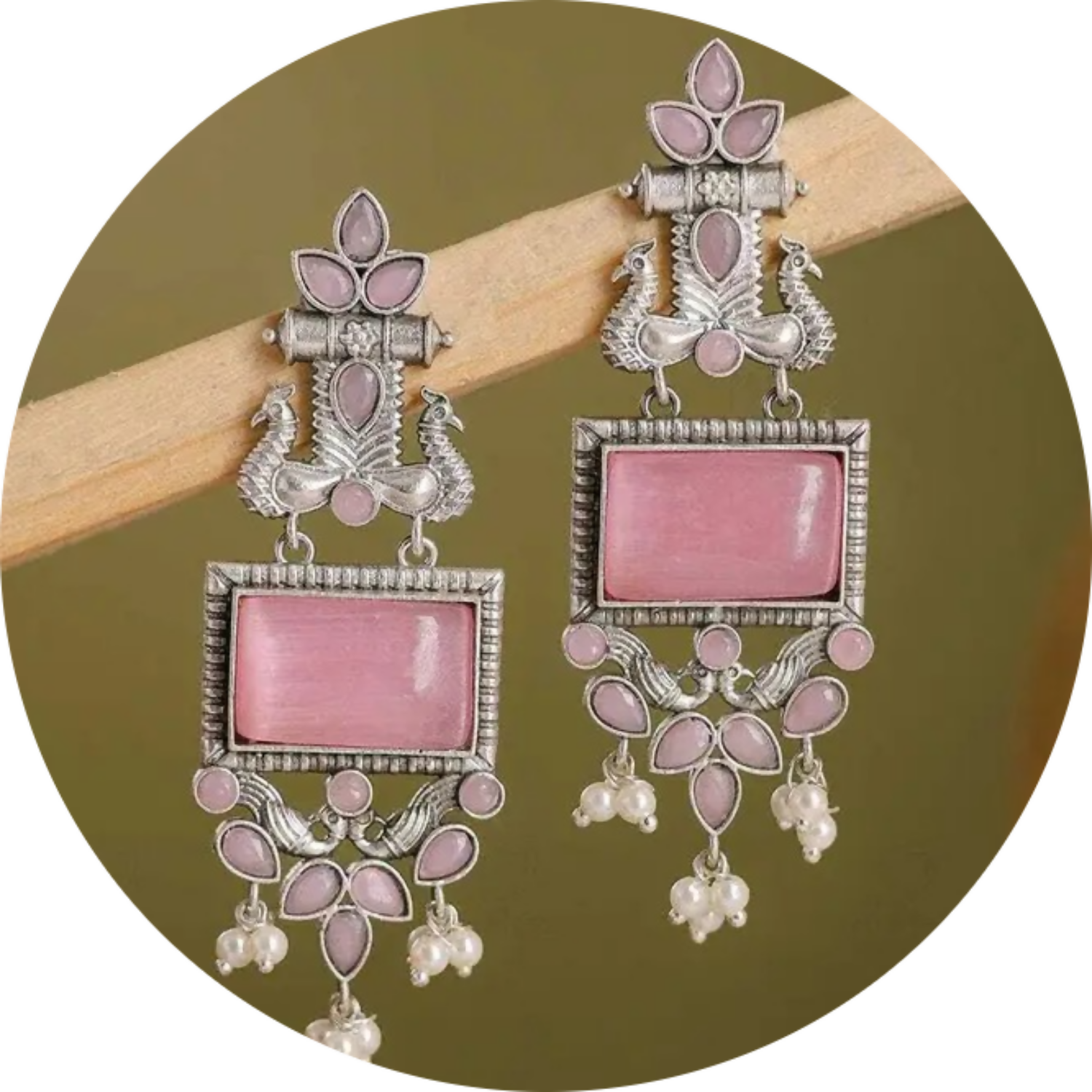 Oxidized Silver Drop Earrings – Pink Stone & Pearl Traditional Charm