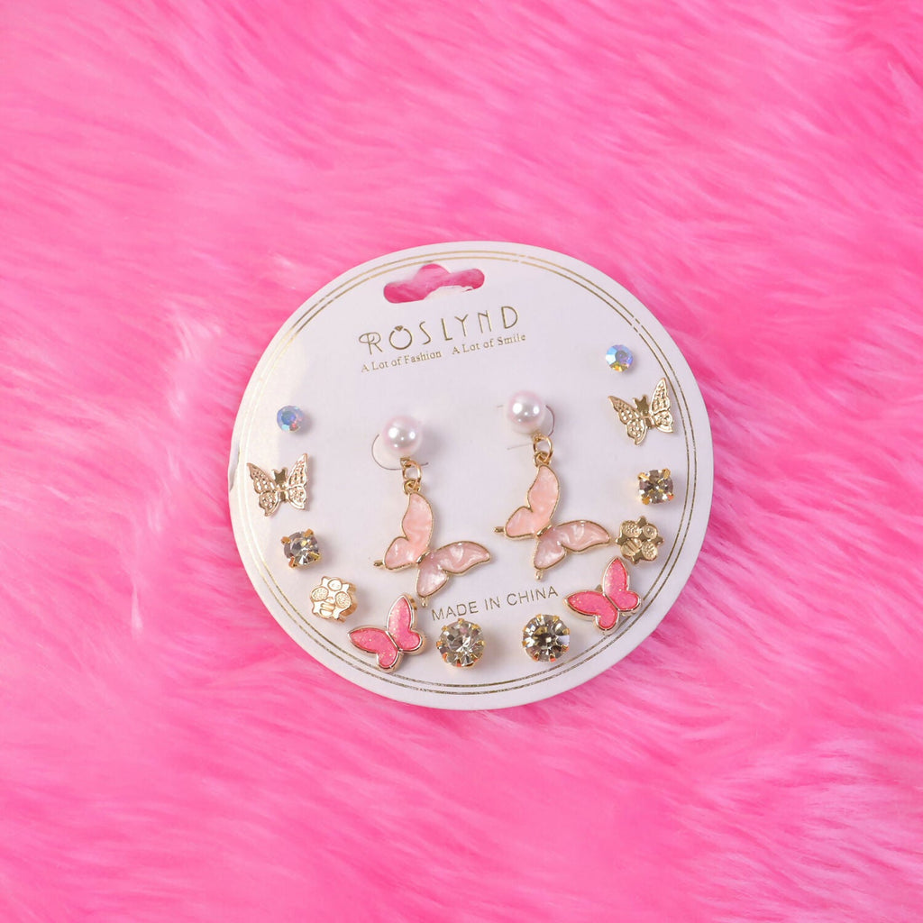 Korean Butterfly Pearl Stud Earrings Set – 7 Pairs Gold Plated Combo