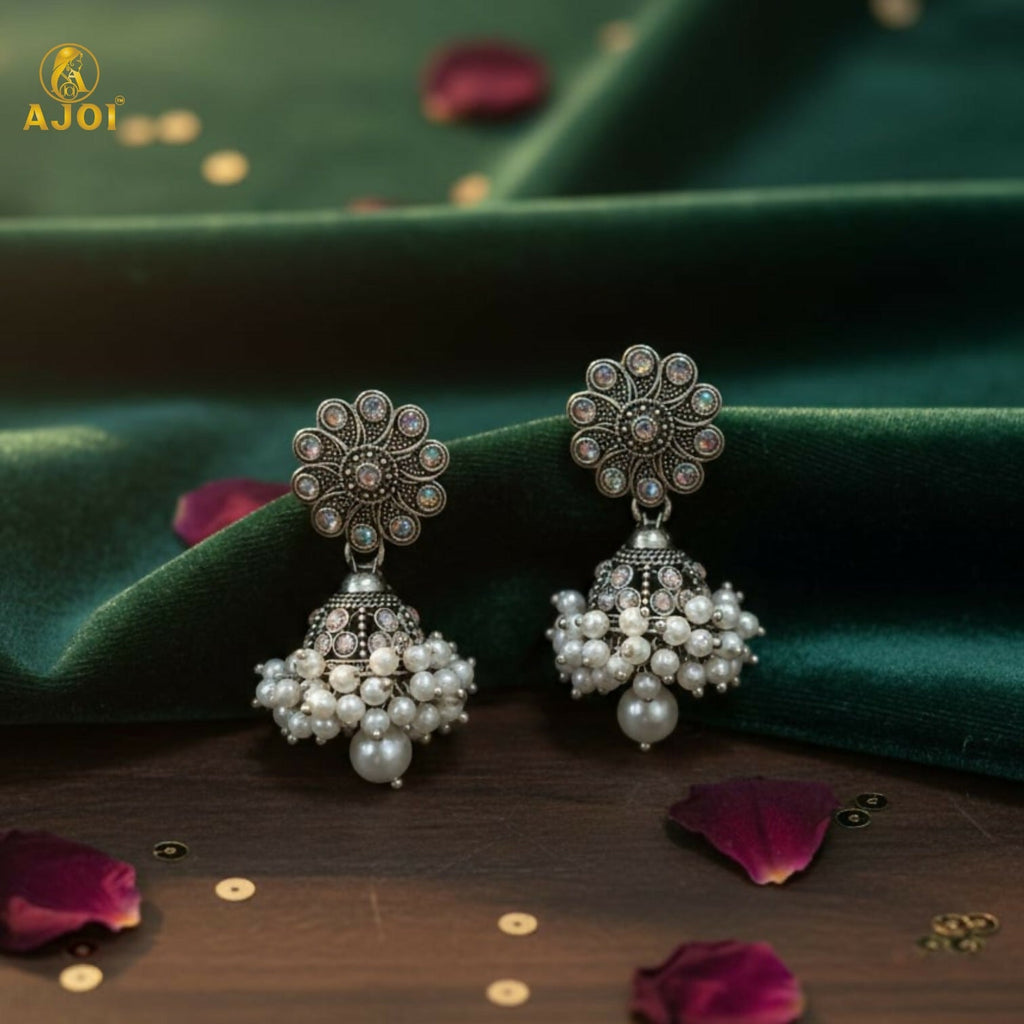 Oxidised Silver Jhumka Earrings with Pearl Drops – Traditional Indian Design