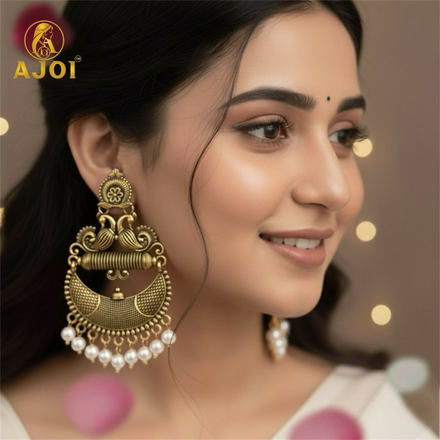 Antique Gold Tribal Chandbali Earrings – Elegant Pearl Drops