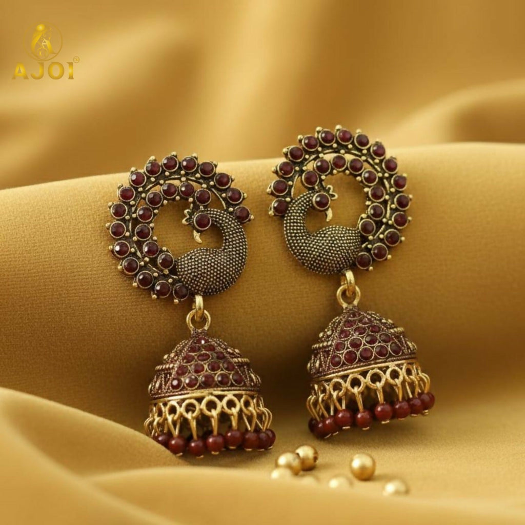 Peacock Jhumka Earrings – Royal Maroon Antique Gold Finish