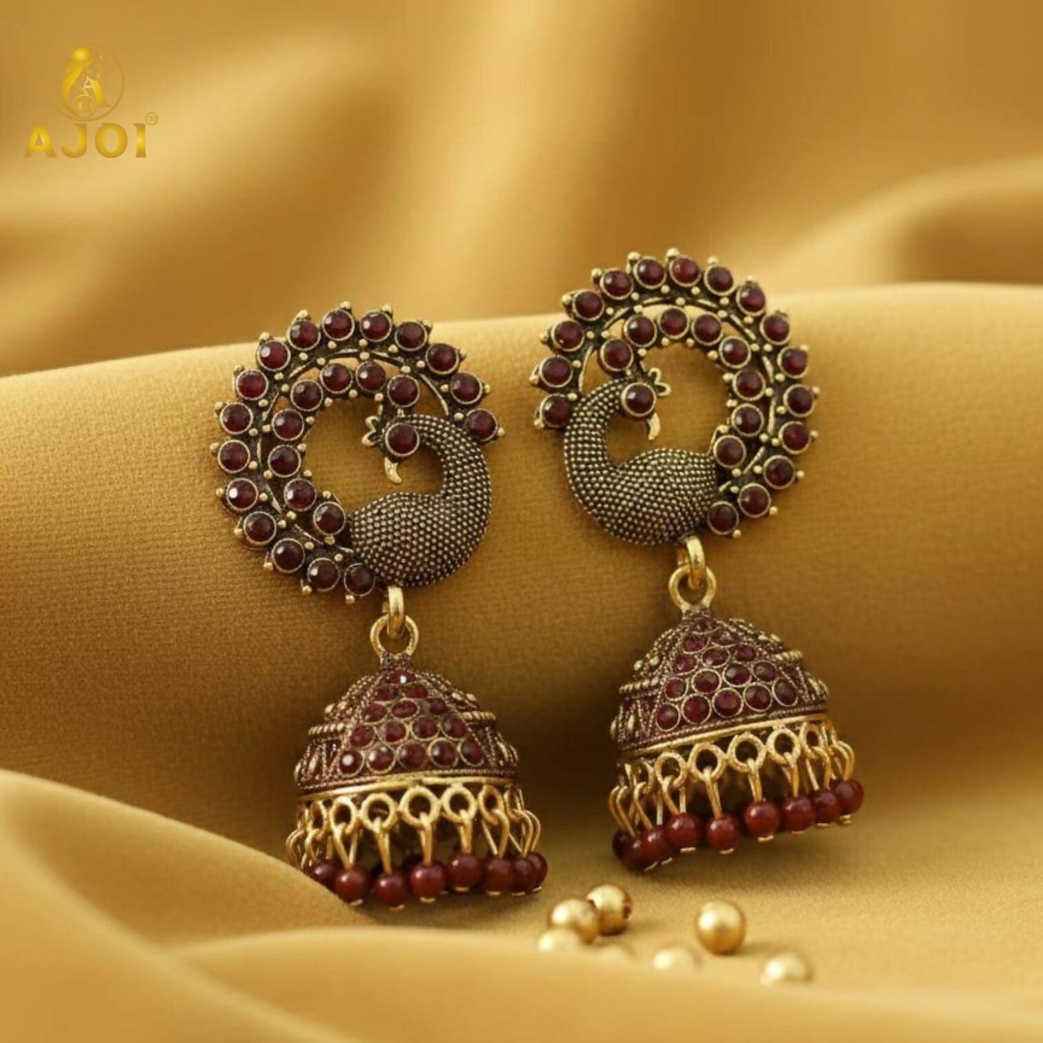 Peacock Jhumka Earrings – Royal Maroon Antique Gold Finish