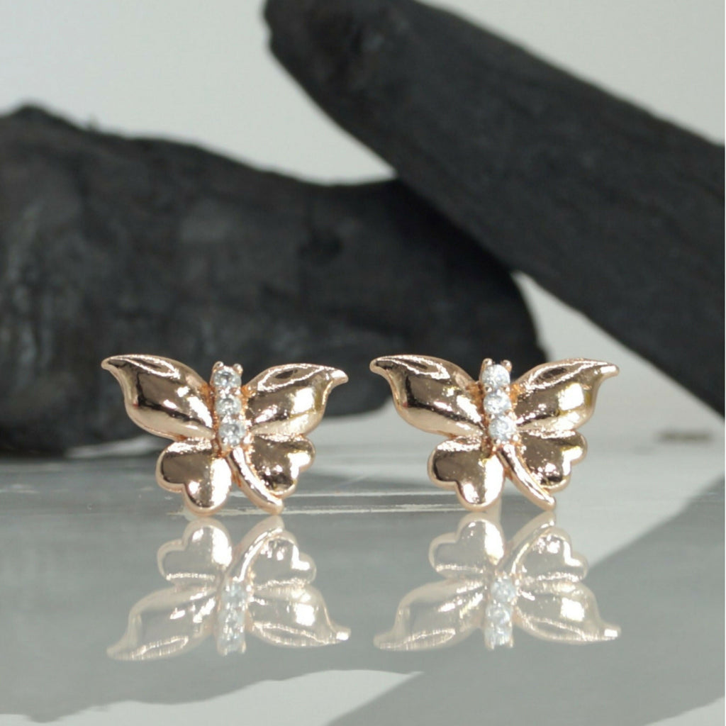 Rose Gold Butterfly Stud Earrings – Elegant Minimalist Jewelry