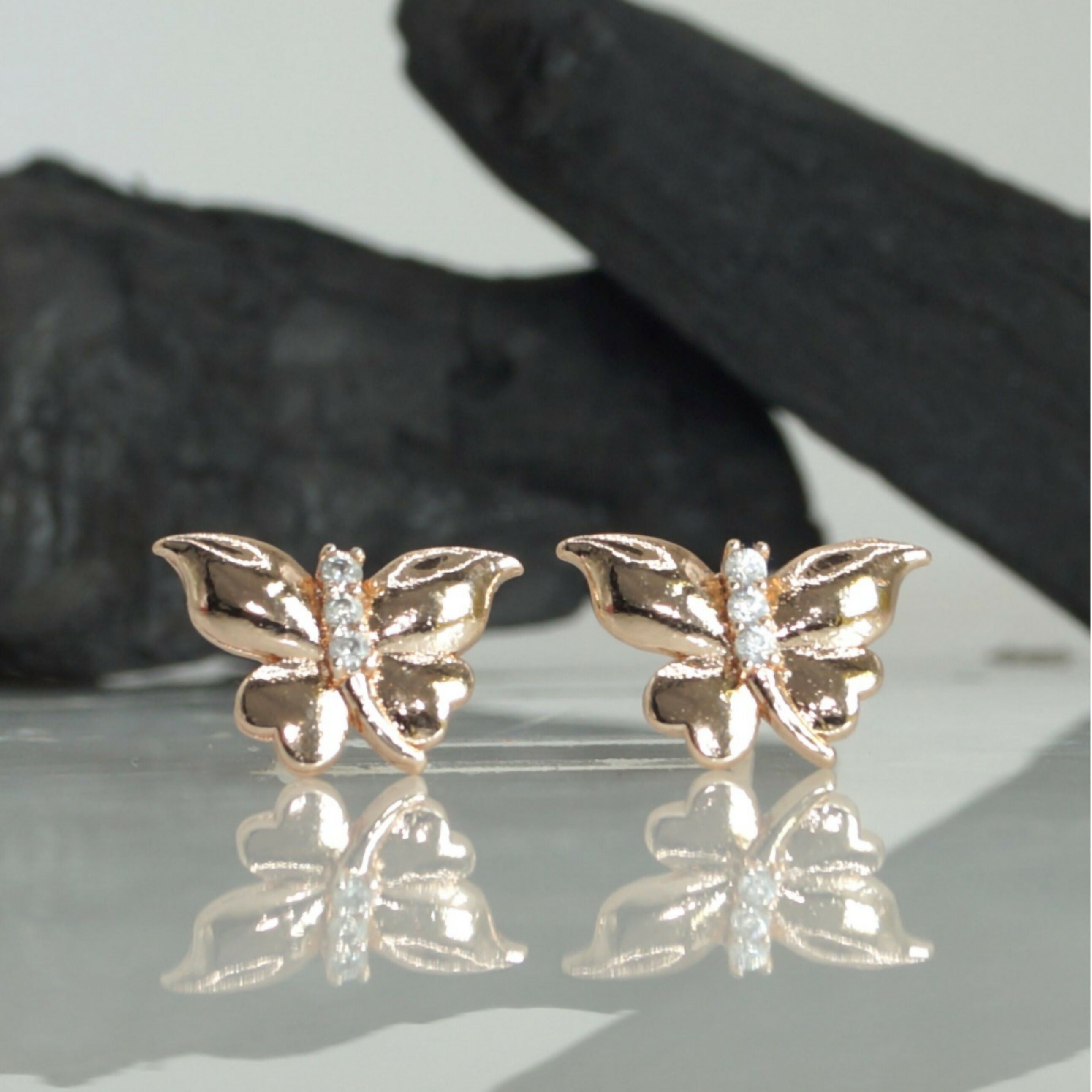 Rose Gold Butterfly Stud Earrings – Elegant Minimalist Jewelry