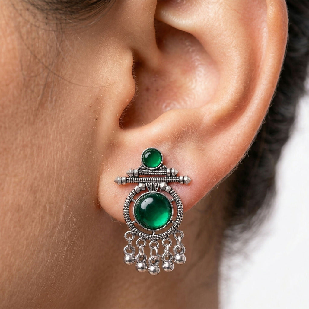 German Silver Green Stone Earrings – Festive & Party Style