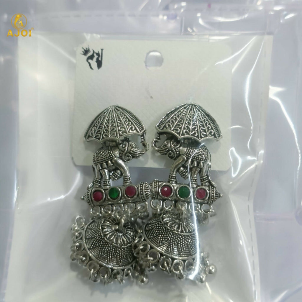 Elephant Motif Oxidized Silver Jhumka Earrings – Royal Heritage