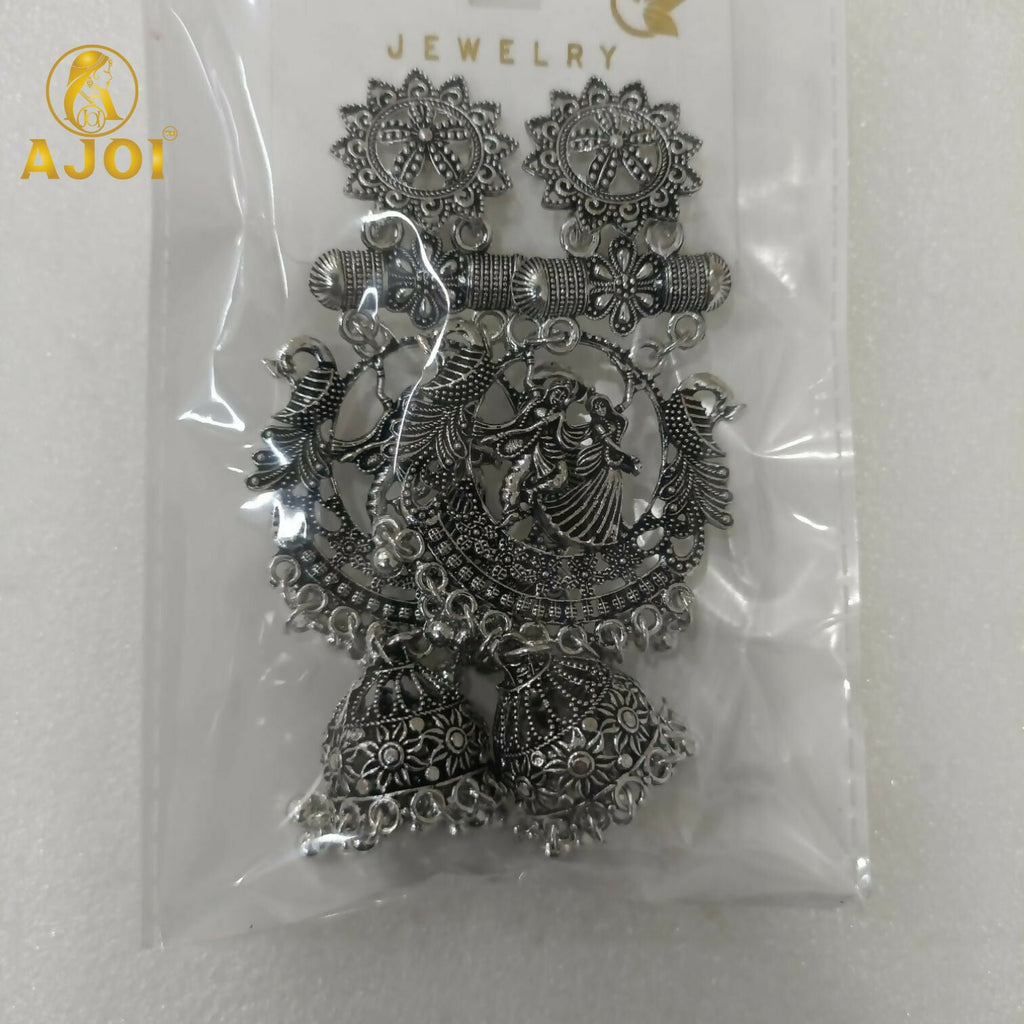 Radha Krishna Jhumka Earrings – Oxidised Silver Temple Jewellery with Ghungroo