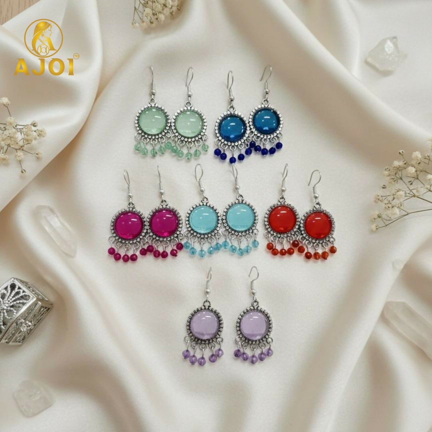 Oxidized Silver Stone Drop Earrings – Multicolor Beaded Fringe