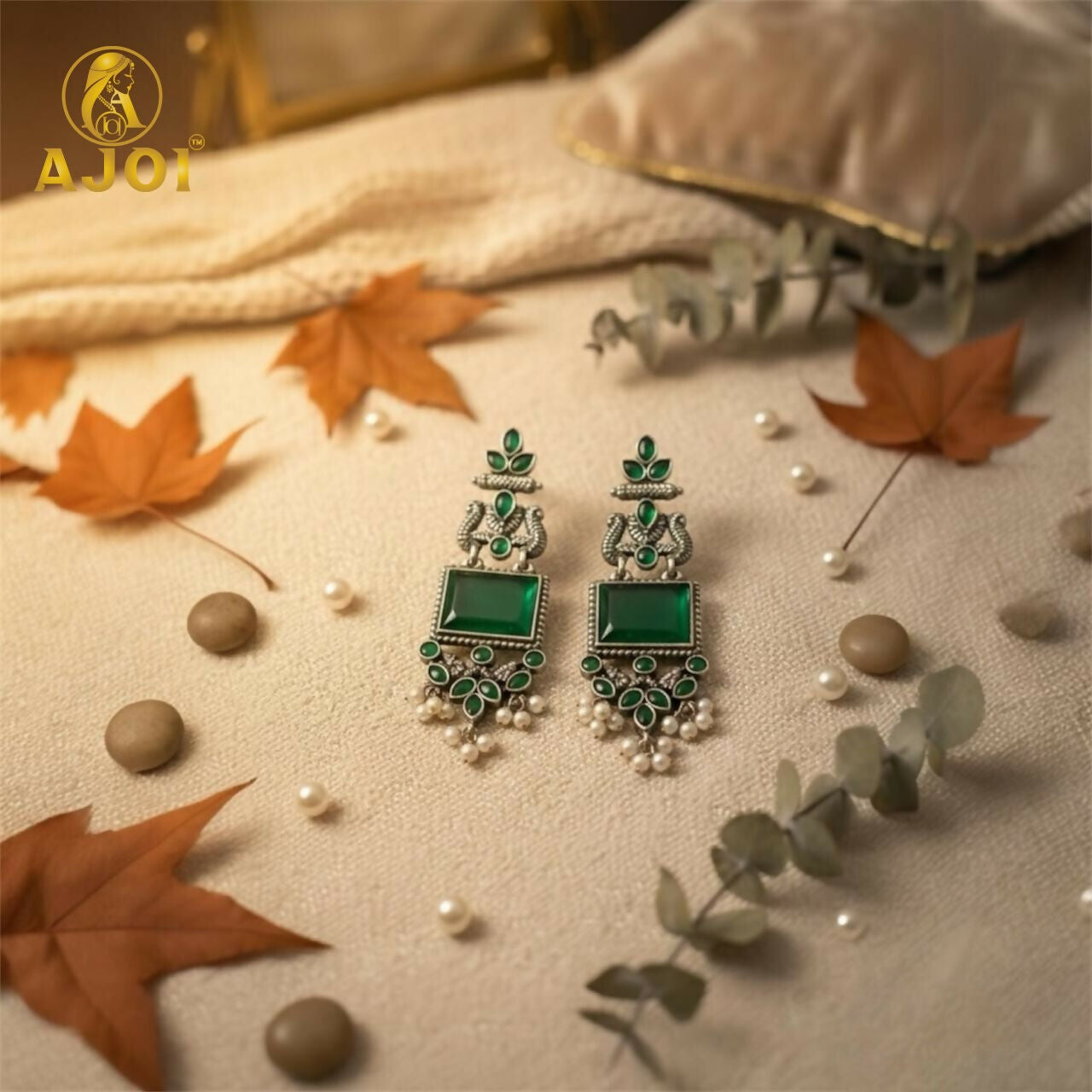 Green Kundan Pearl Earrings – Royal Antique Silver Design