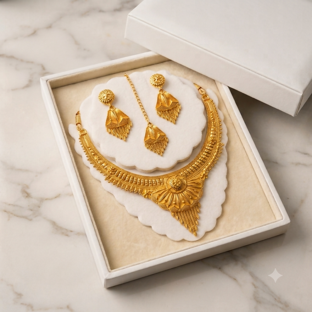 1 Gram Gold Plated Solid Hasali Temple Jewellery Necklace Set with Matching Earrings for Women
