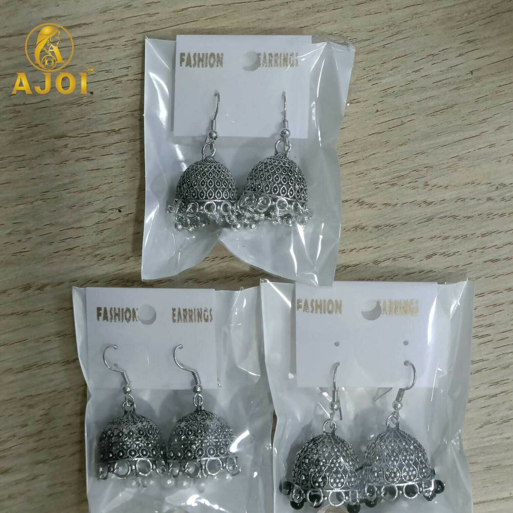 Oxidised Silver Jhumka Earrings Set - Pearl & Beaded Combo