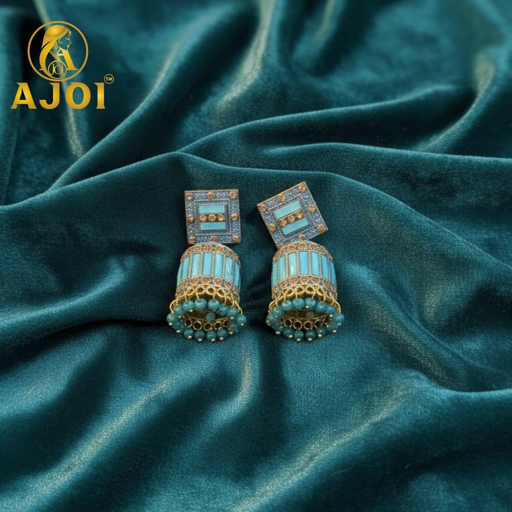 Turquoise Blue Designer Earrings – Elegant Gold Drop & Stone Accents