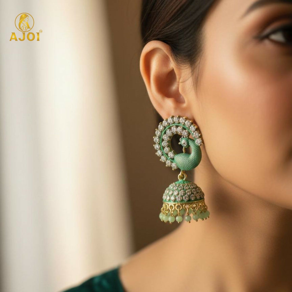 Peacock Stone Jhumka Earrings – Elegant Mint Green Festive Jewelry