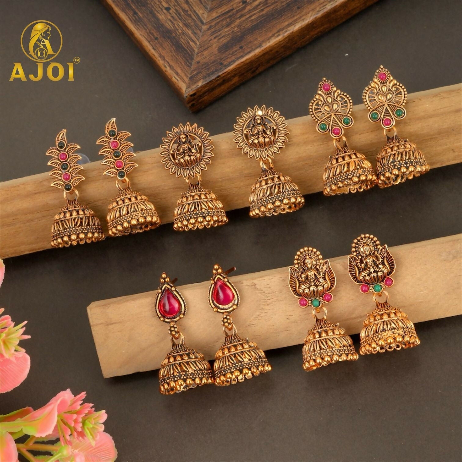 Temple Jhumka Earrings Set – Traditional Antique Gold-Plated Combo of 5