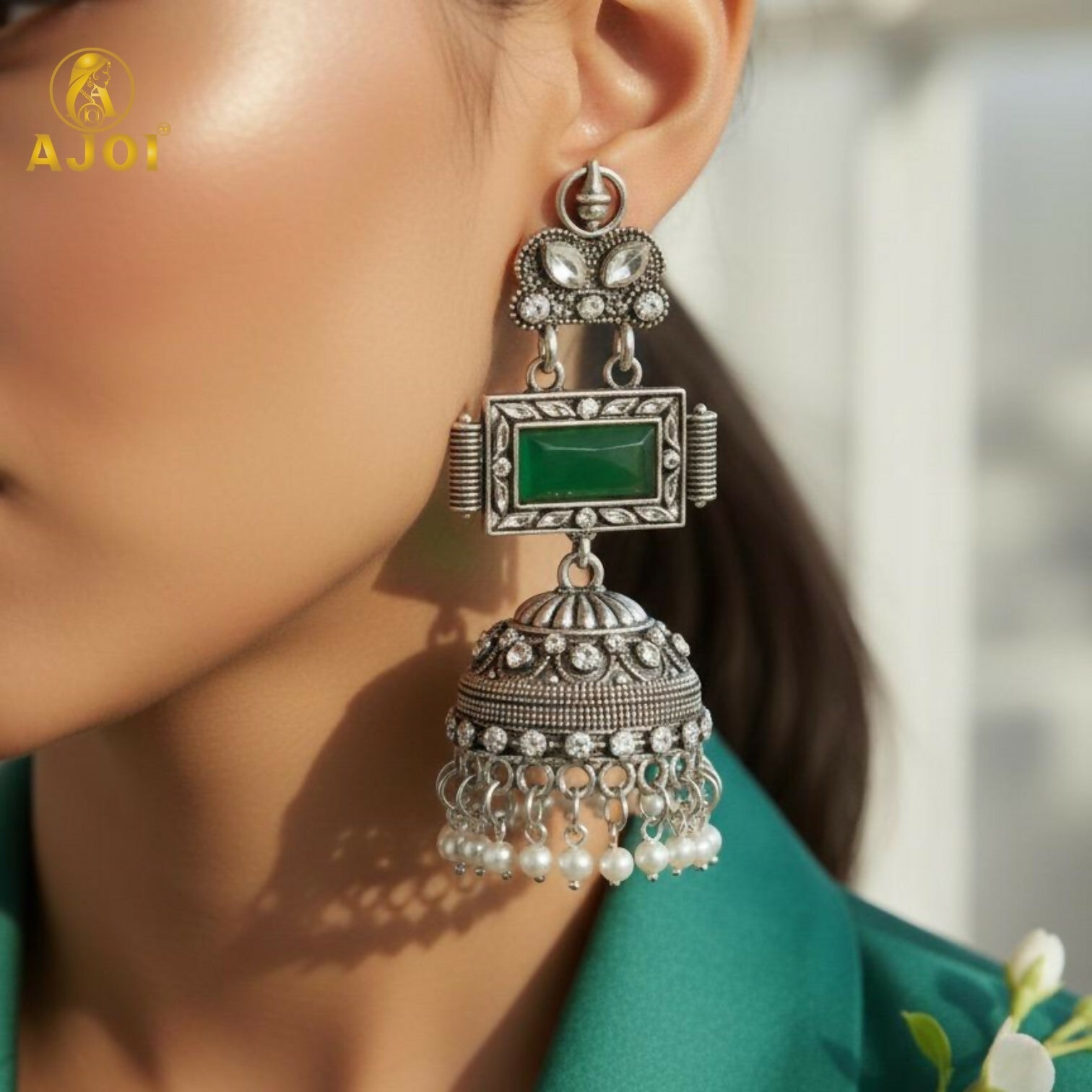 Oxidized Silver Jhumka Earrings – Deep Green Stone & Pearl Drops