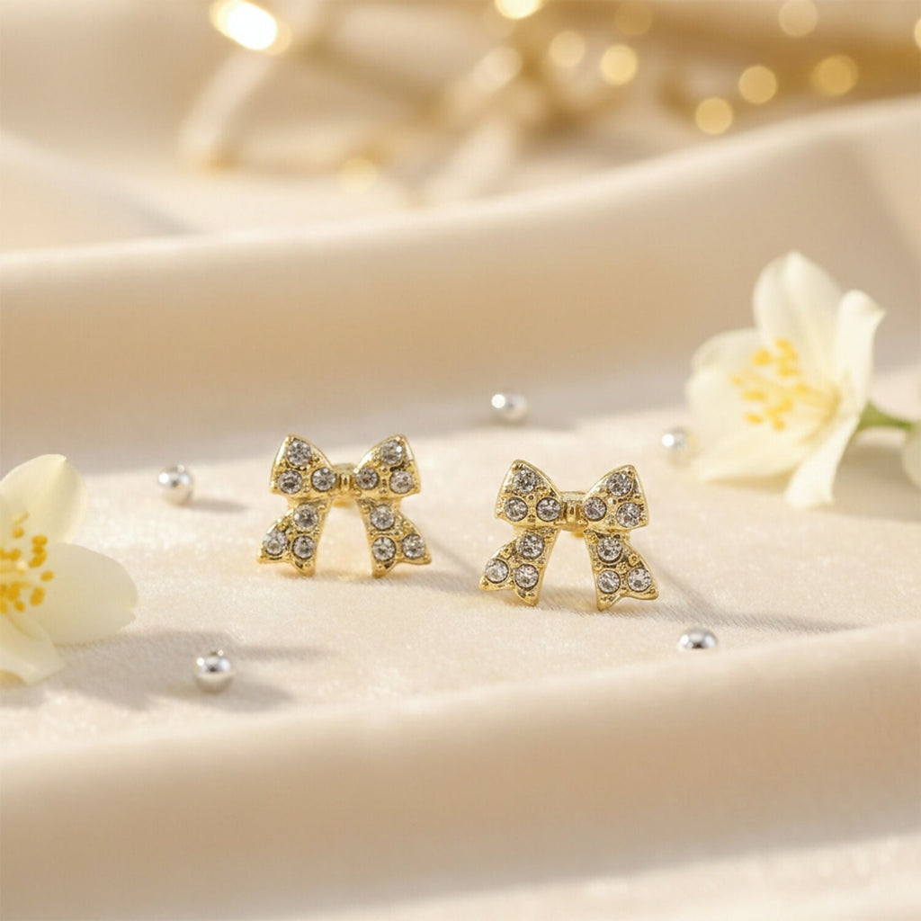Crystal Bow Stud Earrings – Elegant Gold Plated Rhinestone Design
