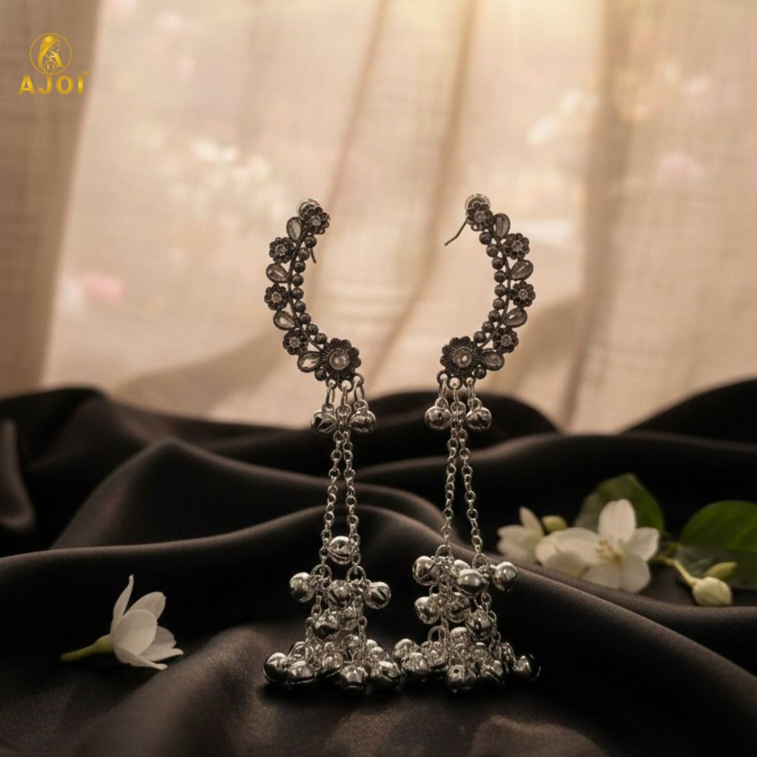 Silver Oxidised Chandbali Jhumka Earrings with Ghungroo Dangles – Elegant Festive Jewellery