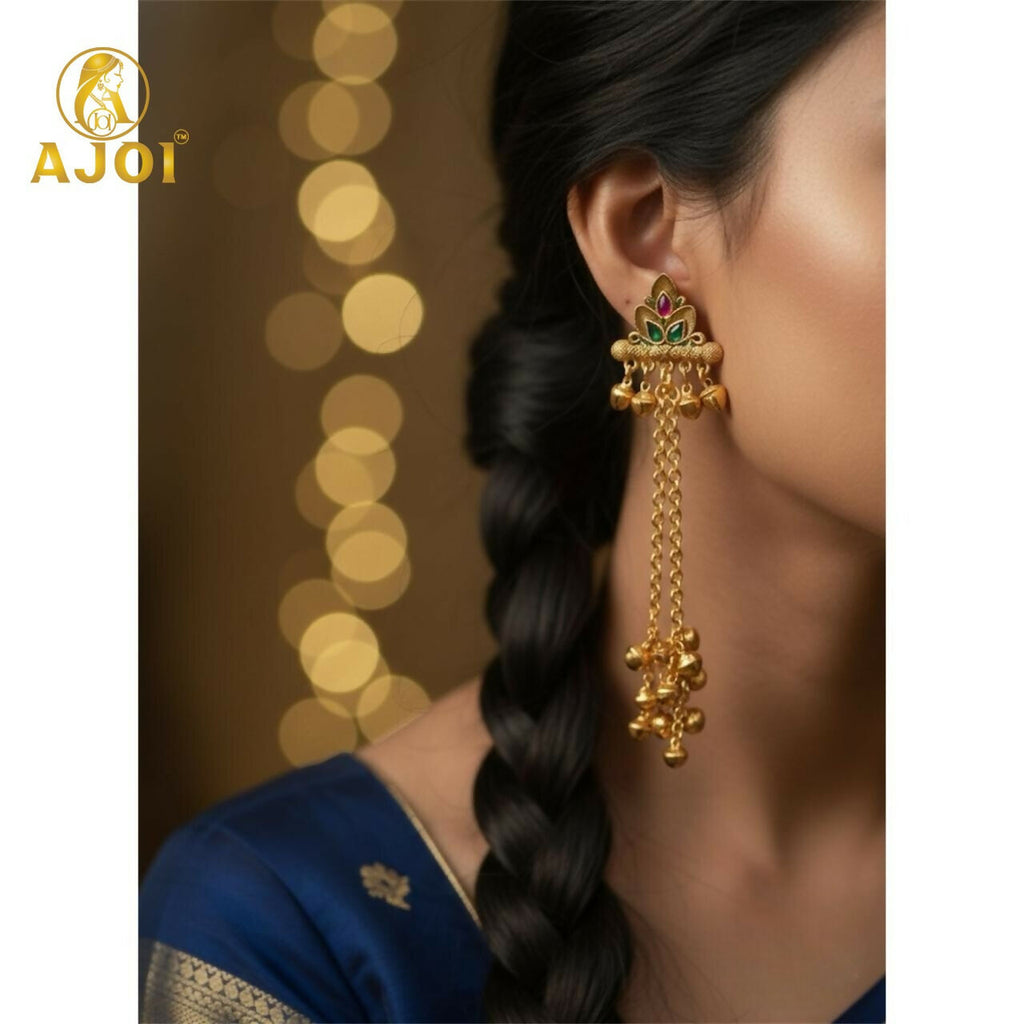 Kashmiri Long Chain Ghungroo Earrings – Elegant Festive Jewellery