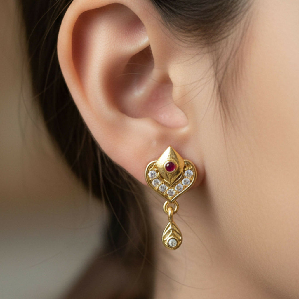 Gold Heart Drop Earrings with Ruby & Crystal Accents – Elegant Design