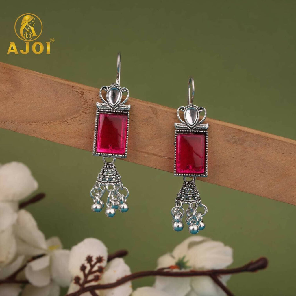 Oxidised Silver Afghani Earrings Set – 4 Pairs with Colored Stones