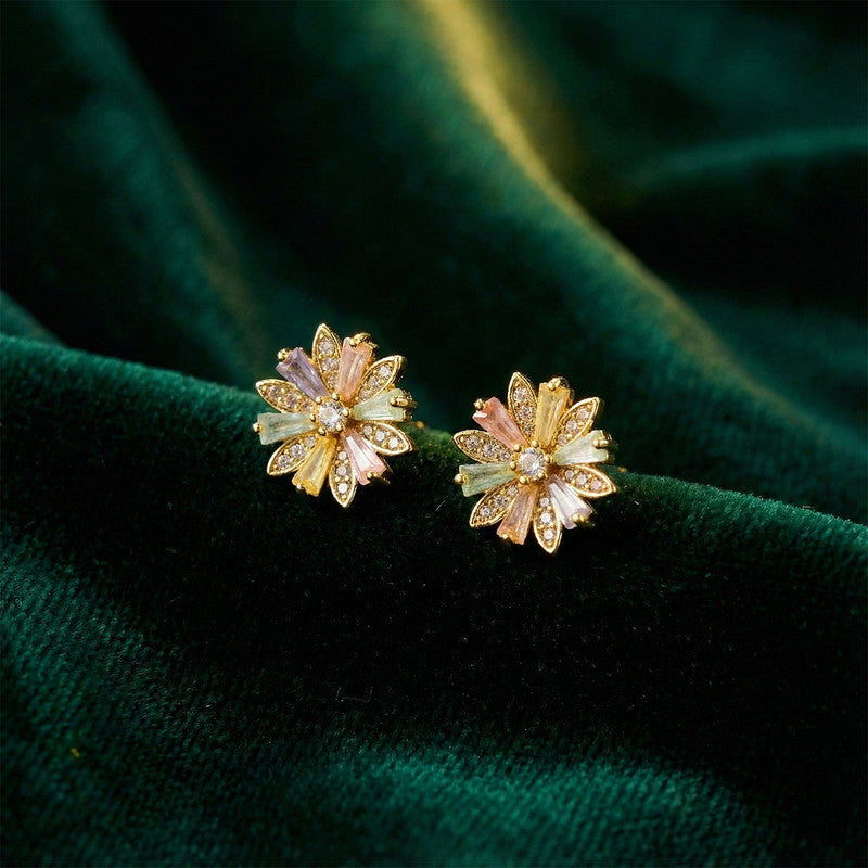 Crystal Floral Stud Earrings – Elegant Gold Finish for Women